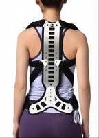 Person wearing an orthopedic back posture corrector with promotional text on a light gray background