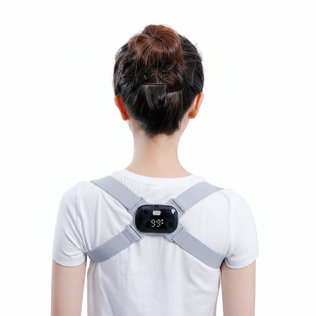 Person wearing a blue posture corrector with a blurred background