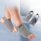 Gray bandage arch pad on a foot with product packaging on a light blue background