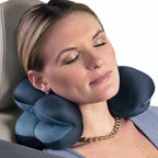 Woman using a travel neck pillow in a car