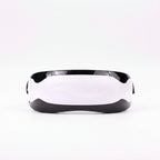 White eye mask with black straps on a light blue platform, text 'Overcome eye fatigue' and 'When your eyes are tired, press'.