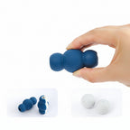 Blue silicone ball held by a hand with product details on a blue background