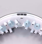 Close-up of a device with magnetic elements and text describing its features on a gray background.