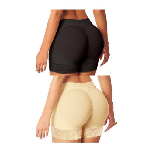 Black and beige shapewear shorts on a white background