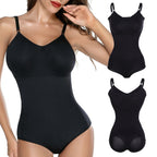Black bodysuit worn by a model with close-up views on a white background