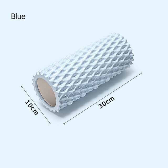 Blue foam roller with dimensions on a white background