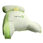 Green and white pillow with 'Good Lucky' text and logo on a white background