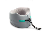Gray neck pillow with a brand logo on a white background