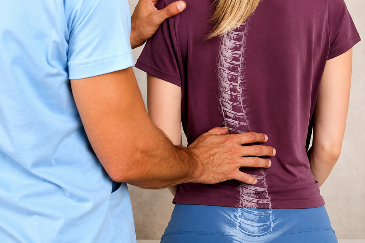 Person wearing a purple shirt with a white spine diagram, being adjusted by another person.