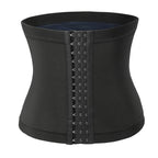 Black waist trainer with metal hooks on a white background