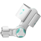 White and teal electronic device with a strap on a white background