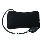 Black inflatable pillow with a pump on a white background