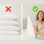 Comparison of a stack of pillows with a red 'X' and a woman sitting on a bed with a white pillow using a green check mark.