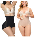 Two women wearing shapewear on a beige background