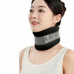 Woman wearing a black neck brace with product details on a beige background