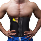 Man wearing a black waist trainer with a yellow interior on a white background
