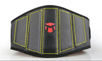 Black waist support belt with red logo on a white background