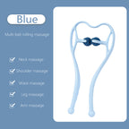 Blue multi-ball rolling massage device with features listed on a blue background