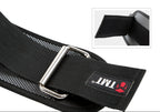 Black belt with velcro fastening and TMT logo on a white background