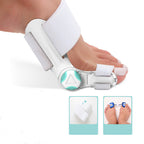 Foot with a corrective device being worn, on a white background