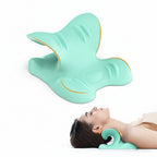 Cervical pillow with a woman using it on a light blue background
